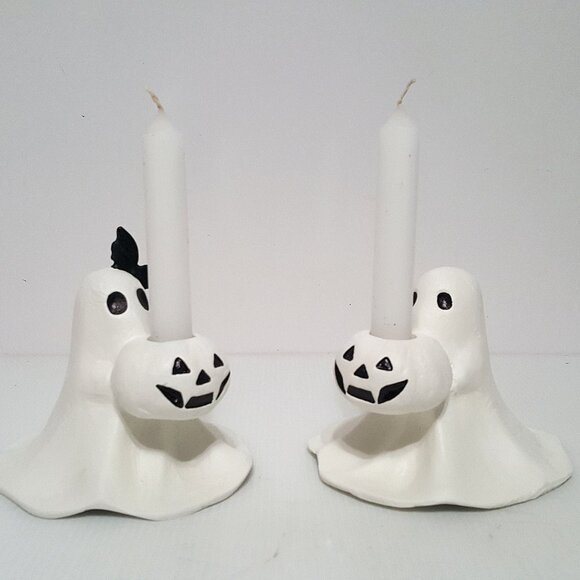 NEW Pottery Barn SCARY SQUAD Mr. & Mrs. Gus Ghost Taper Candle Holders NIB Brand